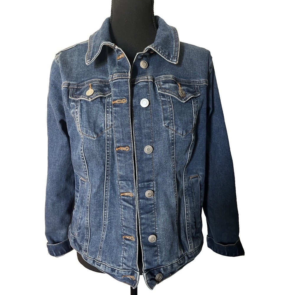 Women's Medium Blue Stretch Denim Trucker Jacket Button Front Casual Layering - Picture 2 of 5